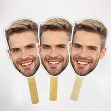 Load image into Gallery viewer, Big Face on a Stick With Wooden Handle Wedding Heads Fan Bachelorette Groom Big Face Fan