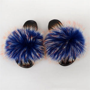 Fox Fur Slide Sandals for Women Fashion Furry Slippers Slip on Flat Beach Shoes